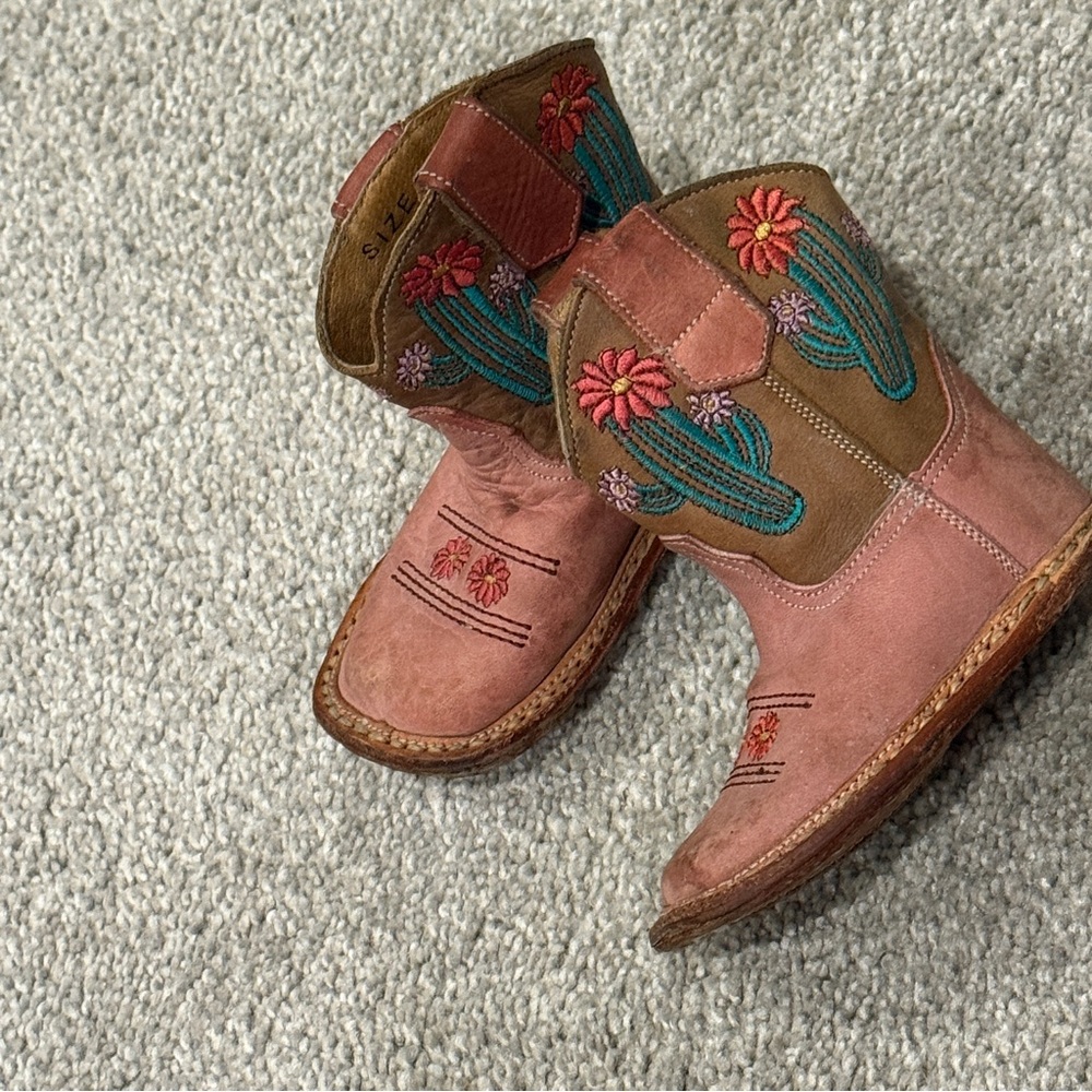 Roper Cowbabies Size 2 Leather Boots Rodeo Western Pink Cactus Baby Square Toe